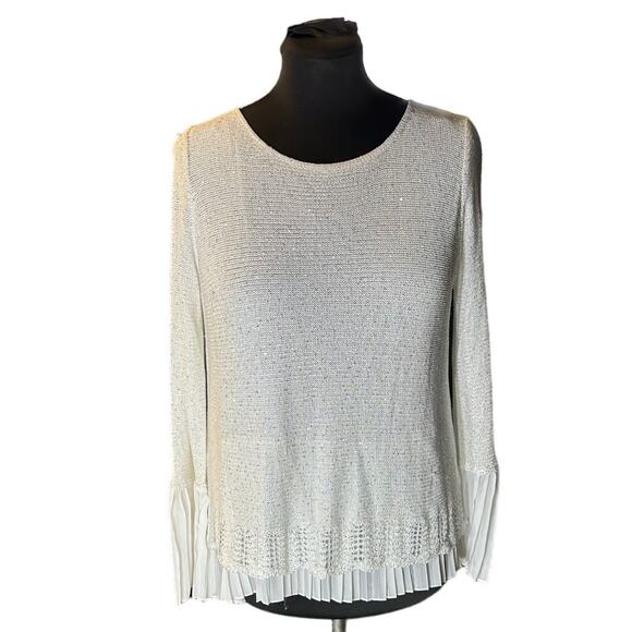 Sioni White Mixed Media Sparkle Chiffon Underlay Pleated Hem Sweater Size L - Picture 1 of 8
